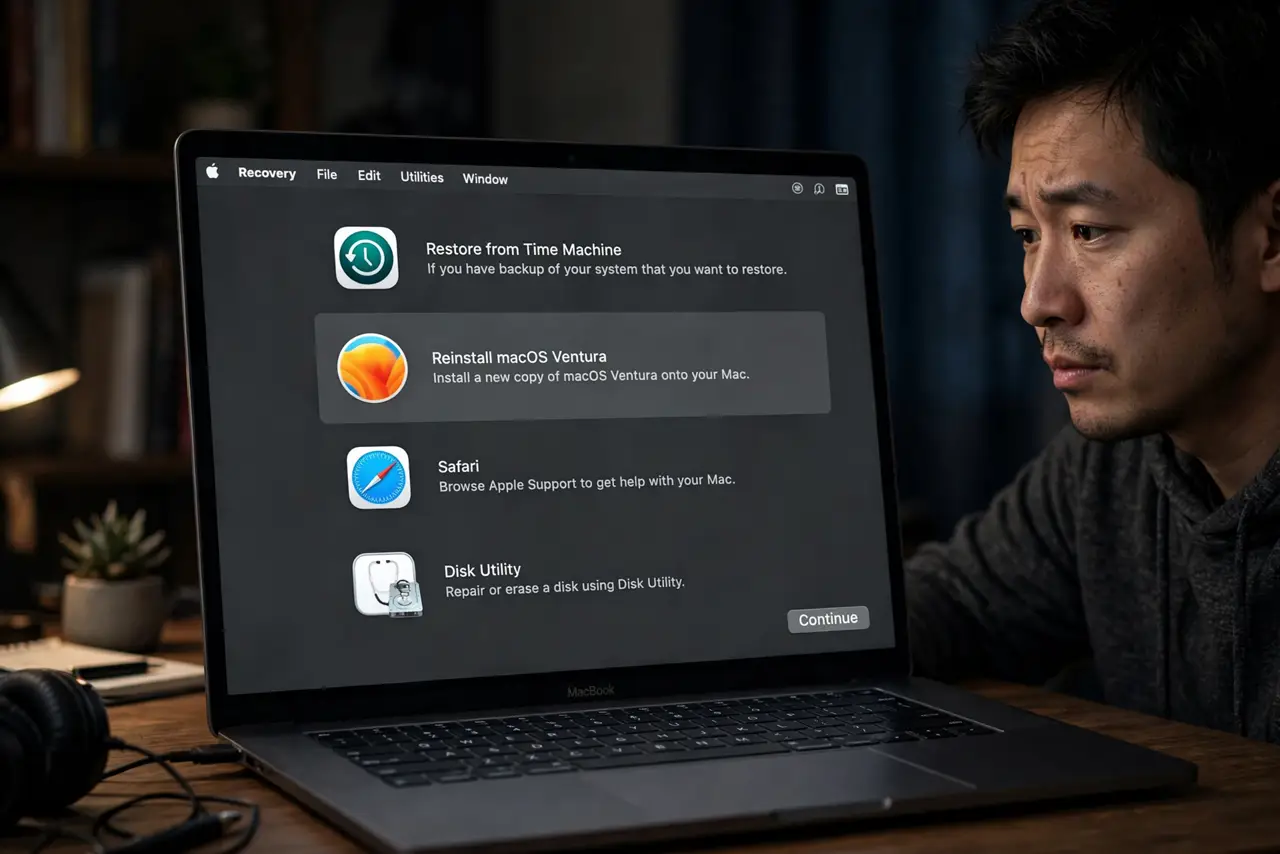 A person looking at a MacBook screen showing the macOS Recovery options window with menu choices legible, the person's