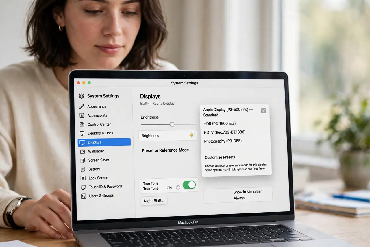 A person performing step 1: Open Display settings. Go to System Settings, then Displays. On supported Macs you will see a Preset or Refere.