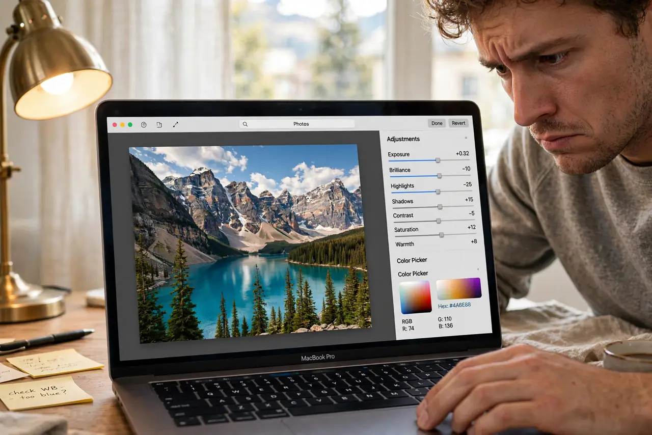 A person editing a real photo on a MacBook showing a vivid landscape image with the color picker and adjustment sliders legible on screen, the person's face focused.