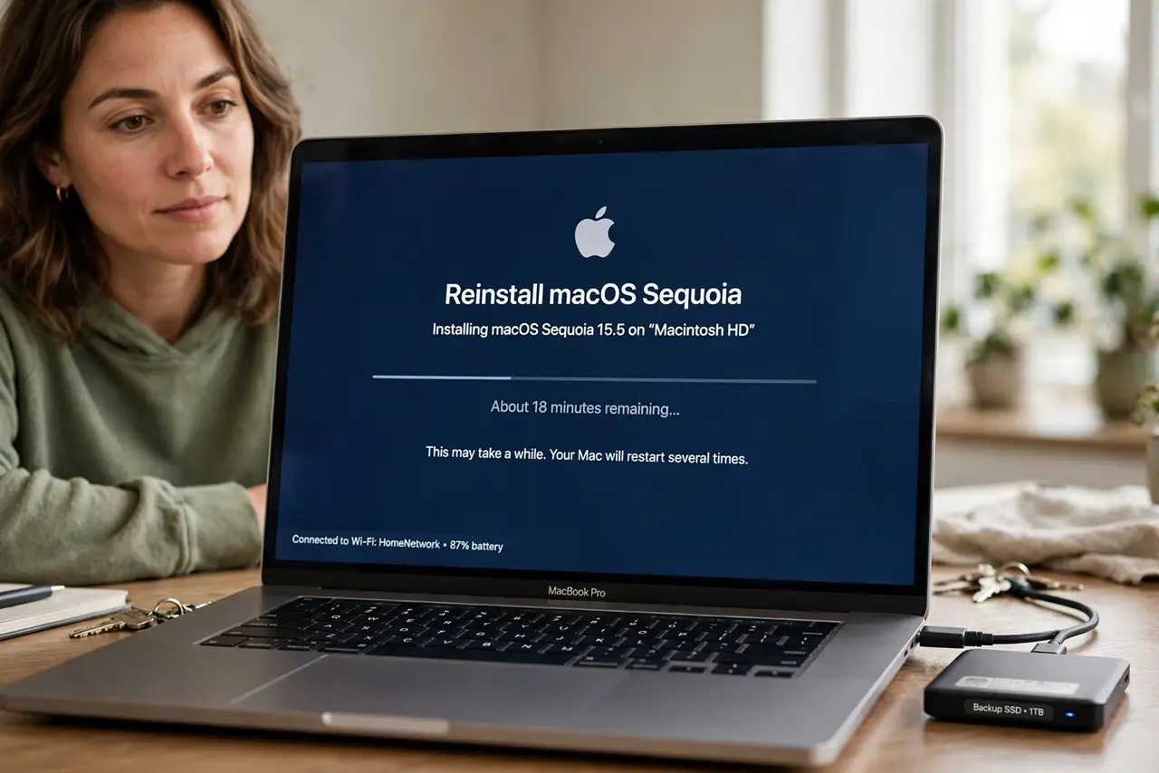 A person watching a MacBook screen showing the macOS reinstall progress with legible text, an external backup drive connected beside it, the person's face hopeful but cautious.