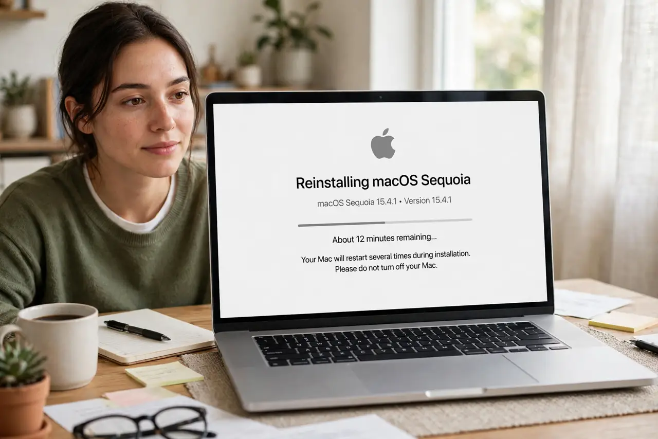 A person watching a MacBook screen showing a macOS reinstall progress bar with legible text, the person's face patient,