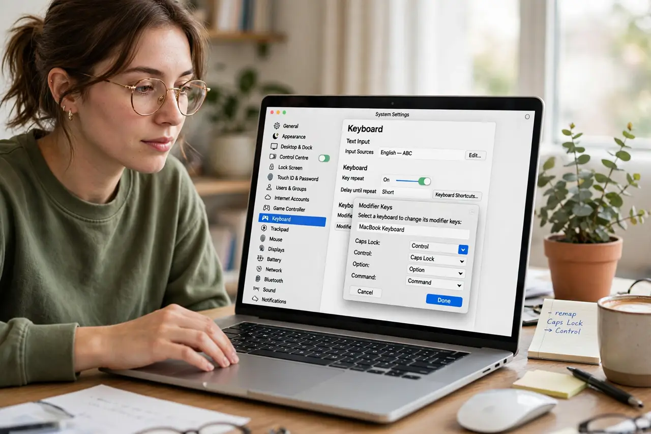 A person performing the first step: Open Modifier Keys. System Settings > Keyboard > Keyboard Shortcuts button >.