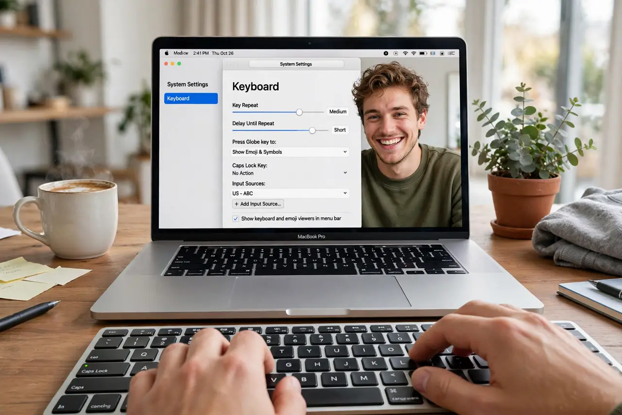 A person's hands on a real Mac keyboard with the Caps Lock key prominent, system settings showing keyboard options