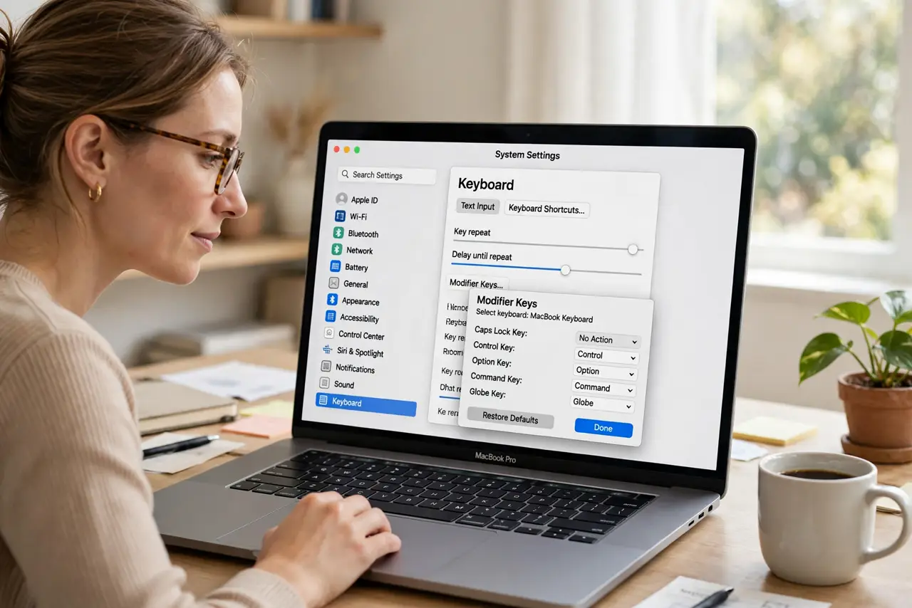 Photoreal photo of a person performing the first step: Open the modifier key settings. Go to System Settings > Keyboard > Keyboard Shortcuts > Modi...