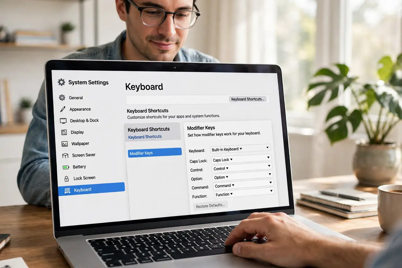 Photoreal photo: a person typing on a real Mac keyboard with System Settings keyboard shortcuts open on the Mac screen showing modifier key options legible, the person's face focused, bright home office. No black s...