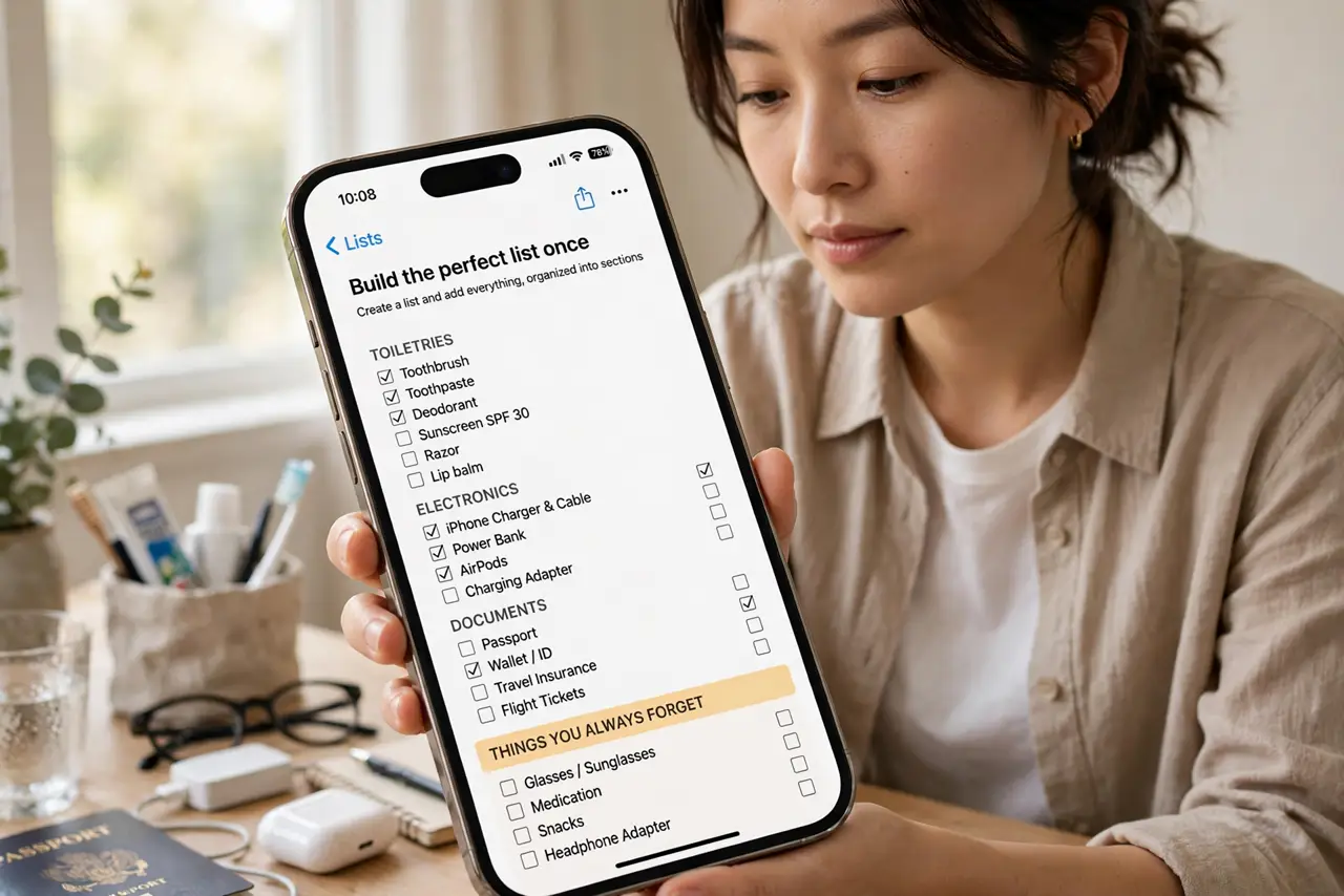 A person performing the guide's first step: Build the perfect list once. Create a list and add everything, organized into sections — toiletries, electronics, documents. Include the…