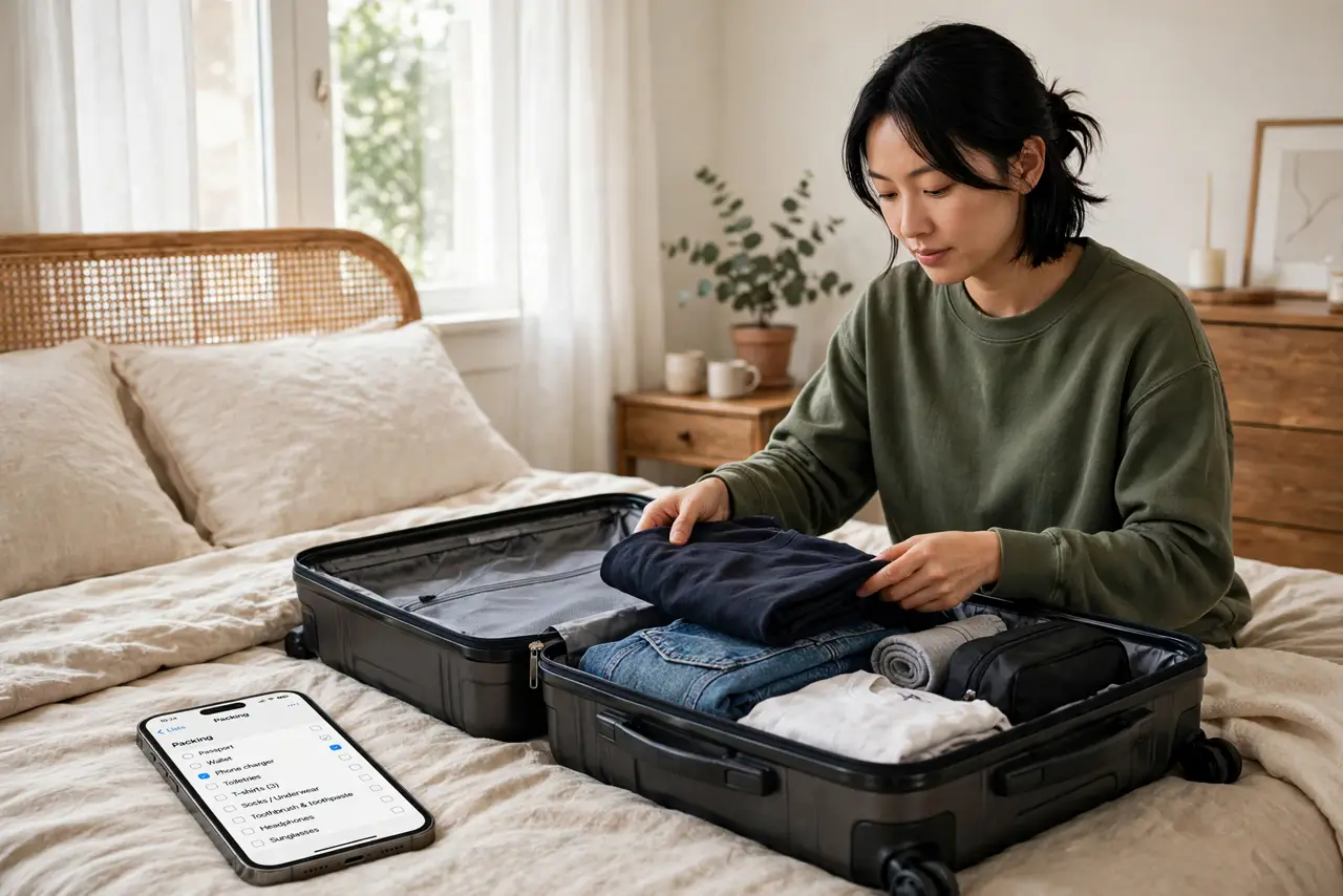A person packing a real suitcase with a real iPhone beside it showing a Reminders packing template with legible items, bedroom, the person's face organized and calm..