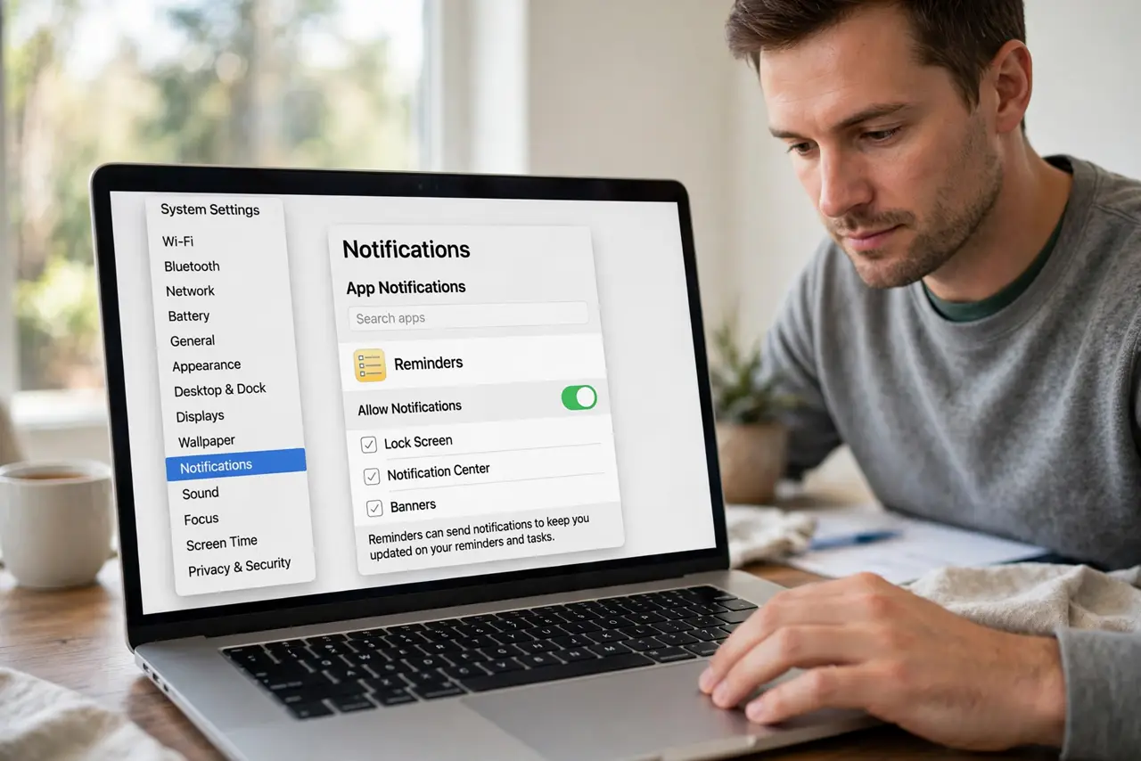 A person performing the first step: Turn Reminders notifications on.