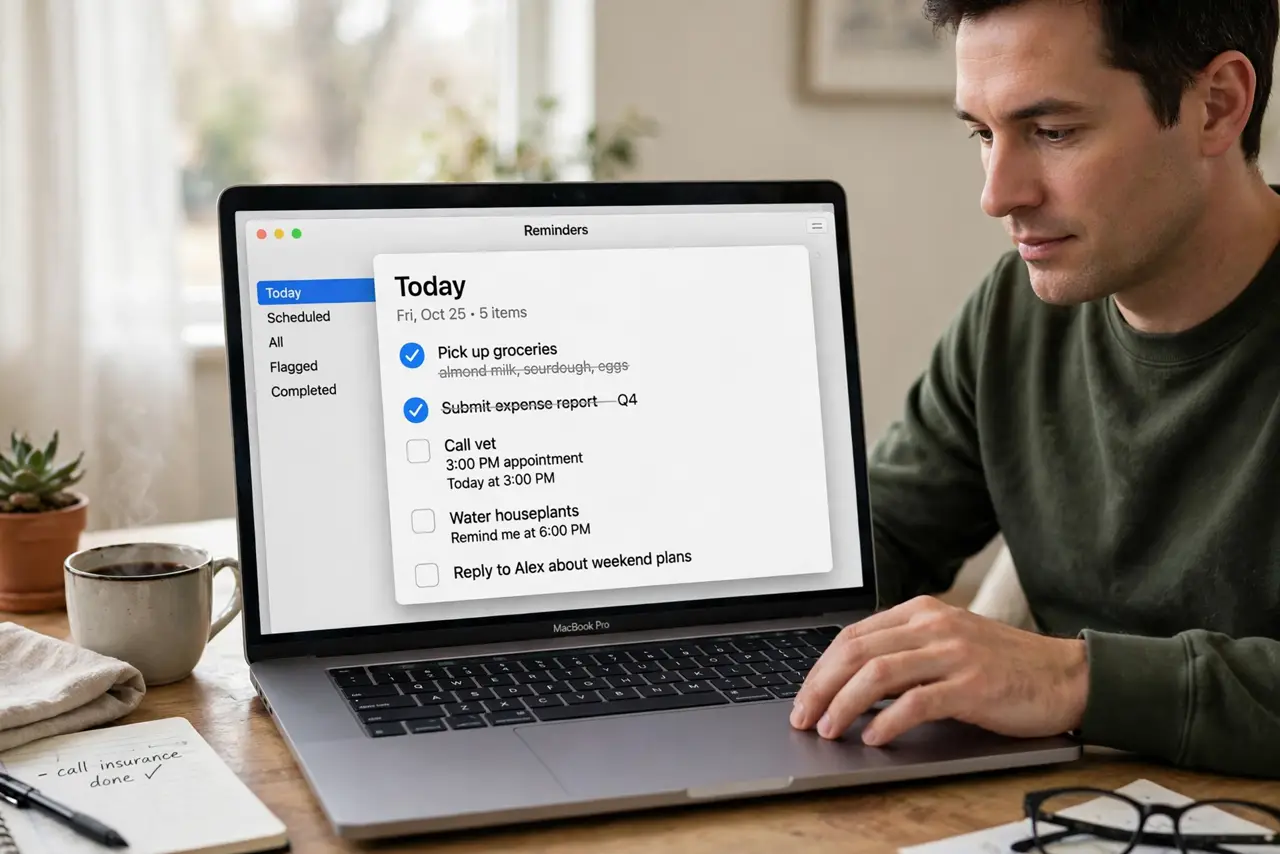 a calm adult at a desk with a real Mac laptop open, Reminders app visible on the real screen with a reminder list complete and legible, the person checking a task calmly.