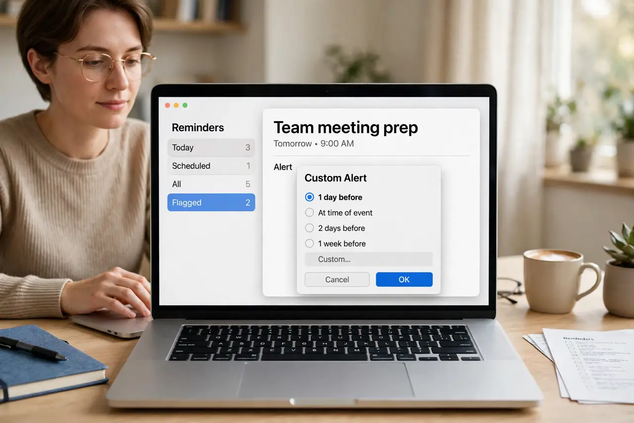 A person setting an early alert on a reminder on a real MacBook, the custom alert picker showing '1 day before' fully legible, the person's face calm and organized.