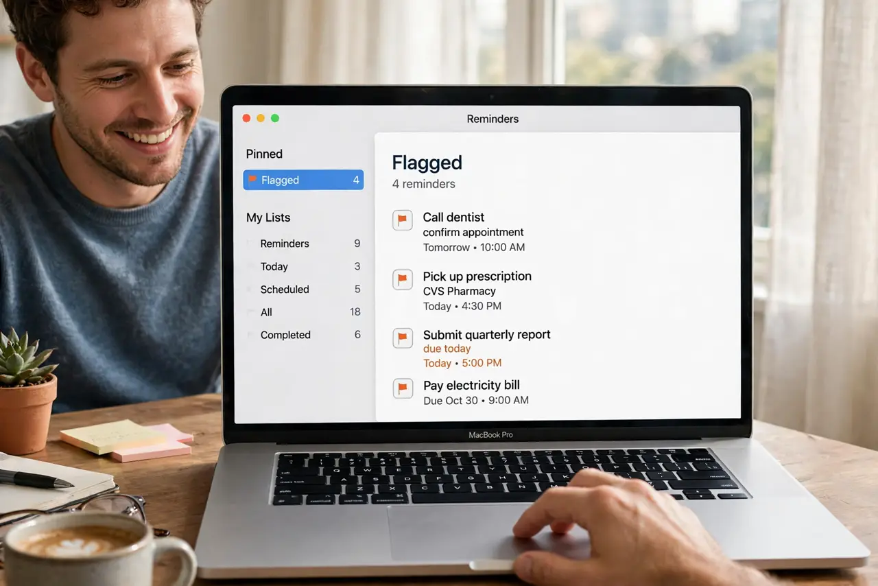 A person tapping the Flagged smart list in the Reminders app on a real MacBook, the gathered flagged reminders fully legible, the person's face relieved.