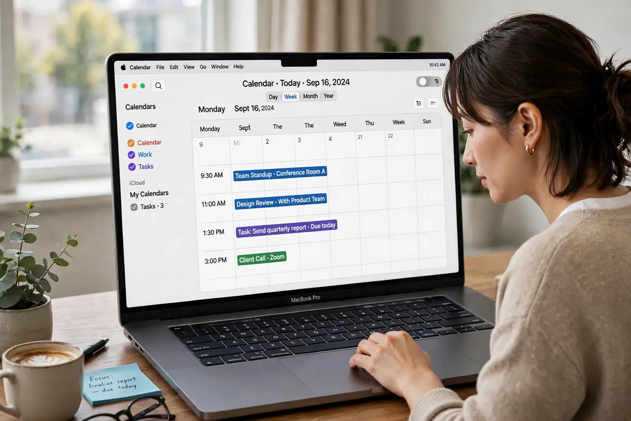A person performing the guide's first step: Open the Calendar app. On iPhone or Mac, open Calendar — not Reminders. The integration lives on the Calendar side: your tasks come to your…