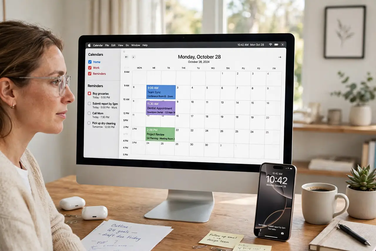 A person at a desk with a real Mac showing the Calendar app with legible reminders visible alongside events, a real iPhone beside it, the person's face organized, bright home office..