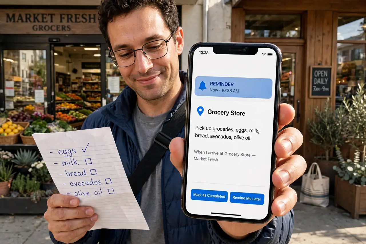 a person arriving at a real grocery store while their iPhone shows a location reminder alert with legible text, shopping list in hand, the person's face grateful, storefront behind.