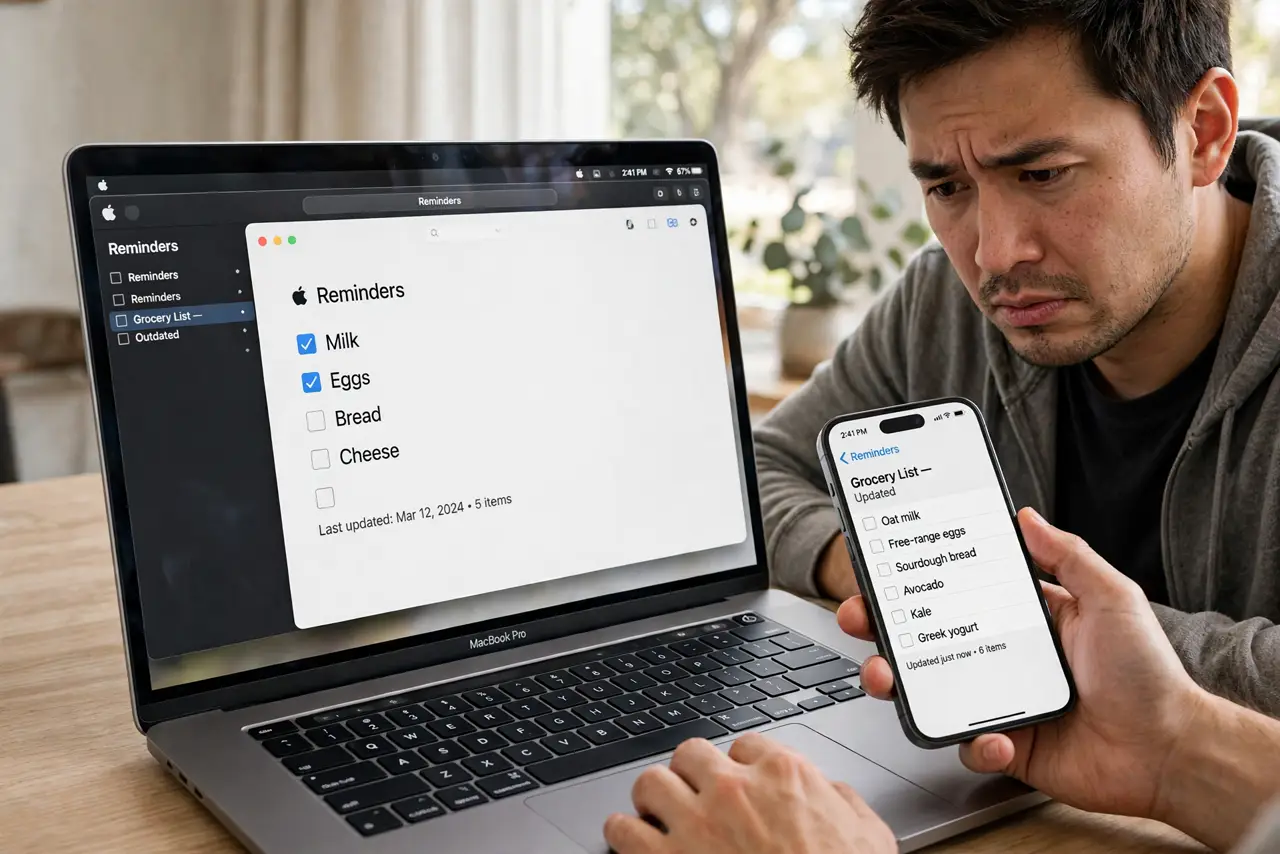 Reminders Not Syncing via iCloud — a frustrated adult checking the Reminders app on a MacBook showing an outdated list with fully legible text wh