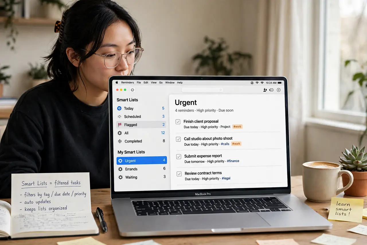 Photoreal photo of a person performing the first step: Understand what a Smart List does. A Smart List is not a folder — it is a live filter over all your reminders. Anything matching your rules shows up t...