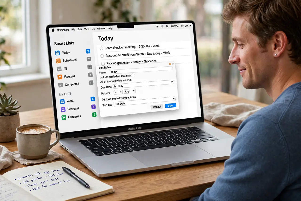 Photoreal photo: a calm person at a desk viewing a real Mac screen showing the Reminders app with a legible Smart List sidebar and rules dialog, a notebook beside the keyboard, the person's face organized and satisfied.