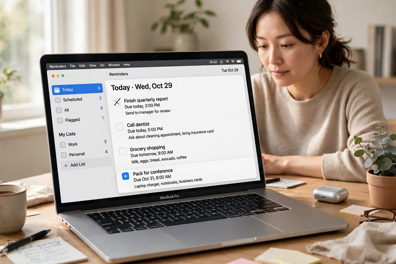 Photoreal photo of a person performing the first step: Build the perfect list first. Create a regular list with all the tasks, subtags, due dates, and notes exactly as you want them. The template copies ev...