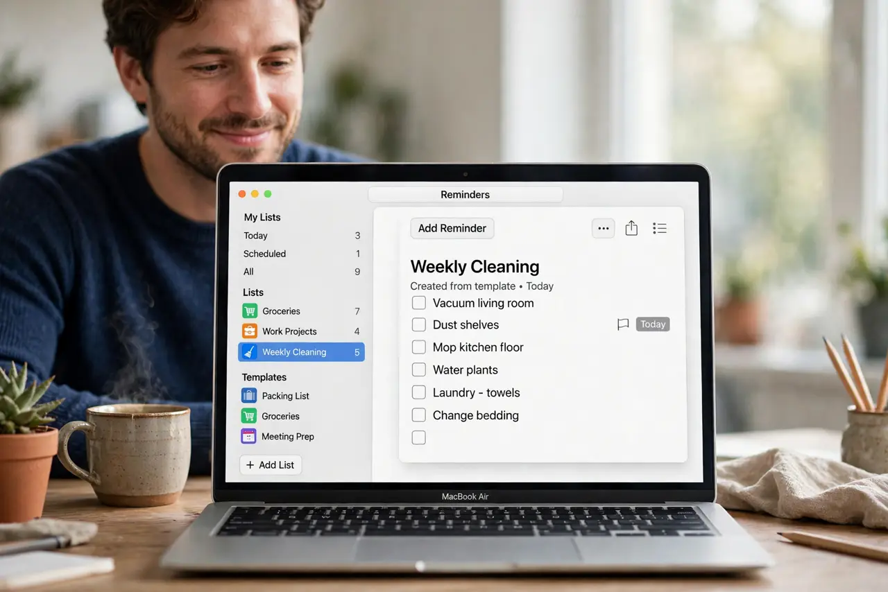 Photoreal photo: a calm person at a desk viewing a real Mac screen showing the Reminders app with a legible template list and a new list created from a template, the person's face satisfied and efficient. No black screen