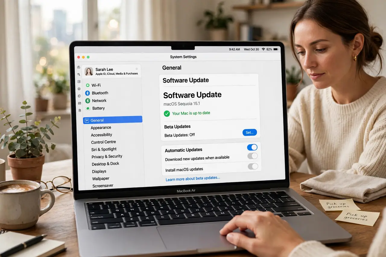 A person performing the first step: Open Software Update settings. In System Settings, go to General, then Software.