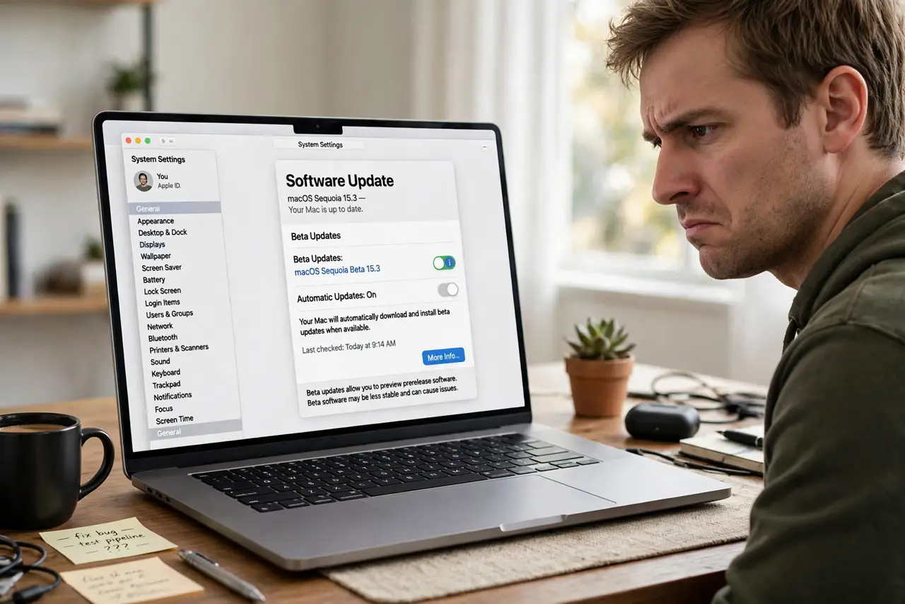 A person looking at a MacBook screen showing Software Update settings with beta options visible and legible, the