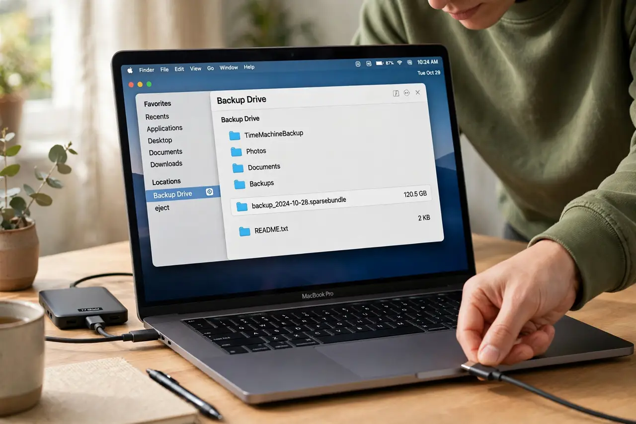 A person carrying out step one: connect your backup drive.