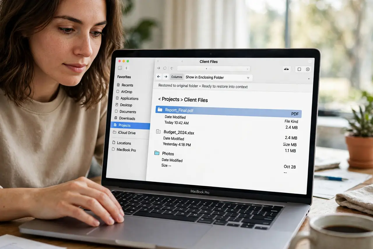 A person performing the first step: Open the file's original folder. Open Finder to the folder where the file lived.