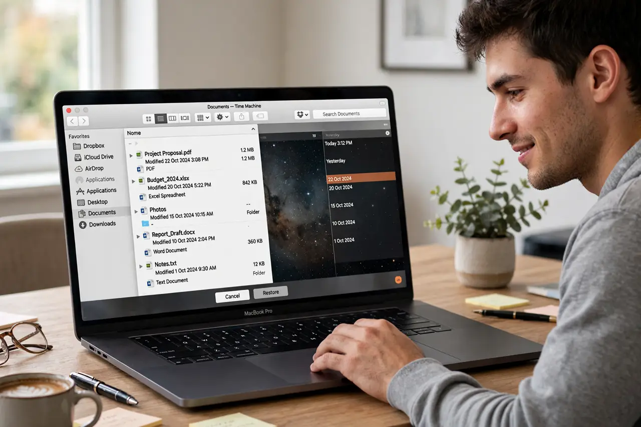 A person looking at a MacBook screen showing the Time Machine starfield timeline interface with file windows visible, a