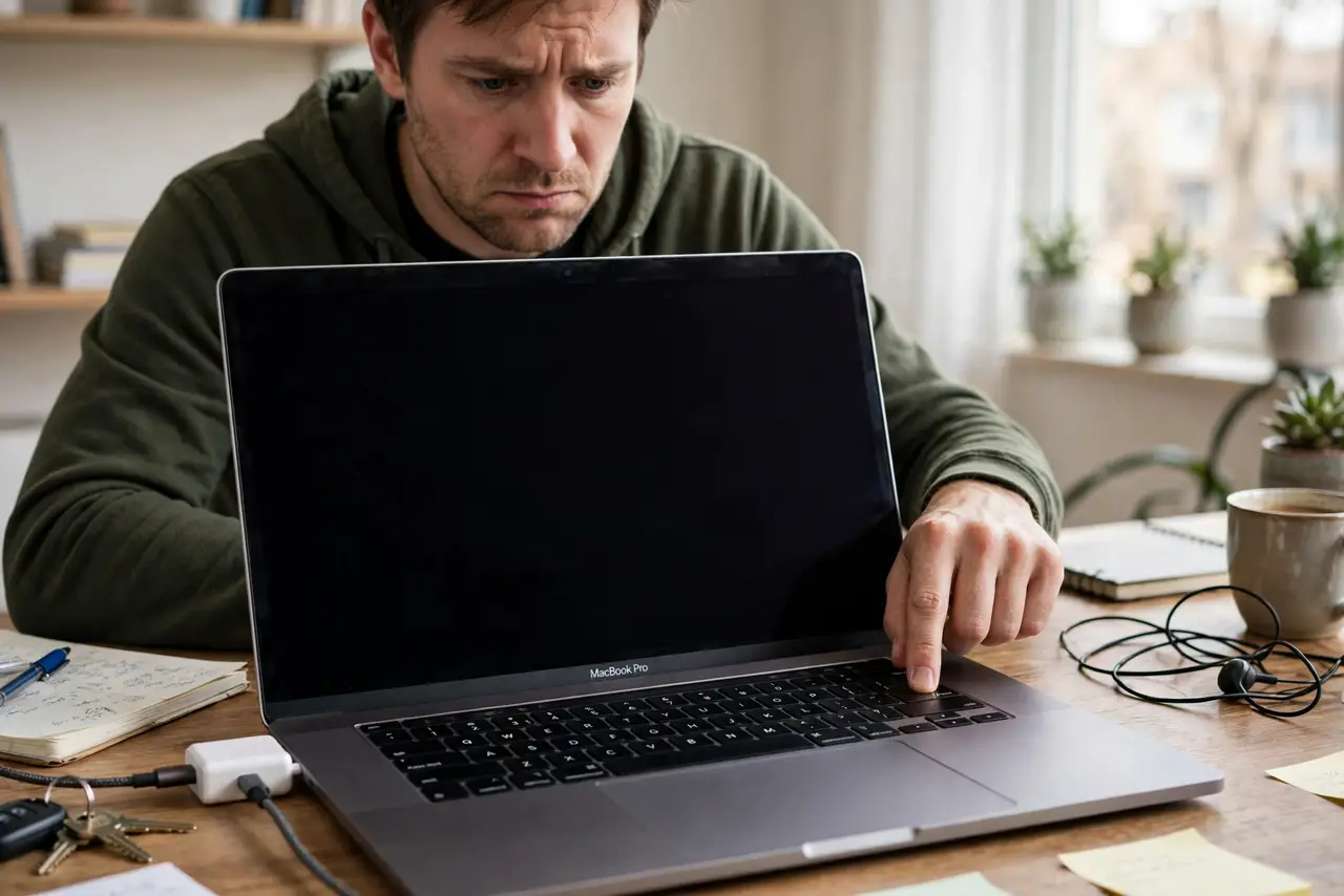 A person pressing the power button on a real MacBook connected to a charger, the screen dark, the person's face worried but methodical, desk.