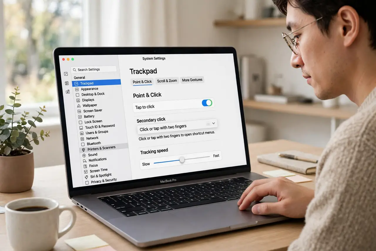 Photoreal photo of a person performing the first step: Open the right settings pane. Go to System Settings > Trackpad (or Mouse, if you use one) > ...