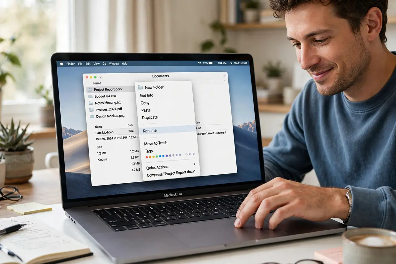 Photoreal photo: a person using a real Mac trackpad with two fingers tapping, a real Mac screen showing a right-click context menu open with legible options, the person's face satisfied, bright home office. No blac...