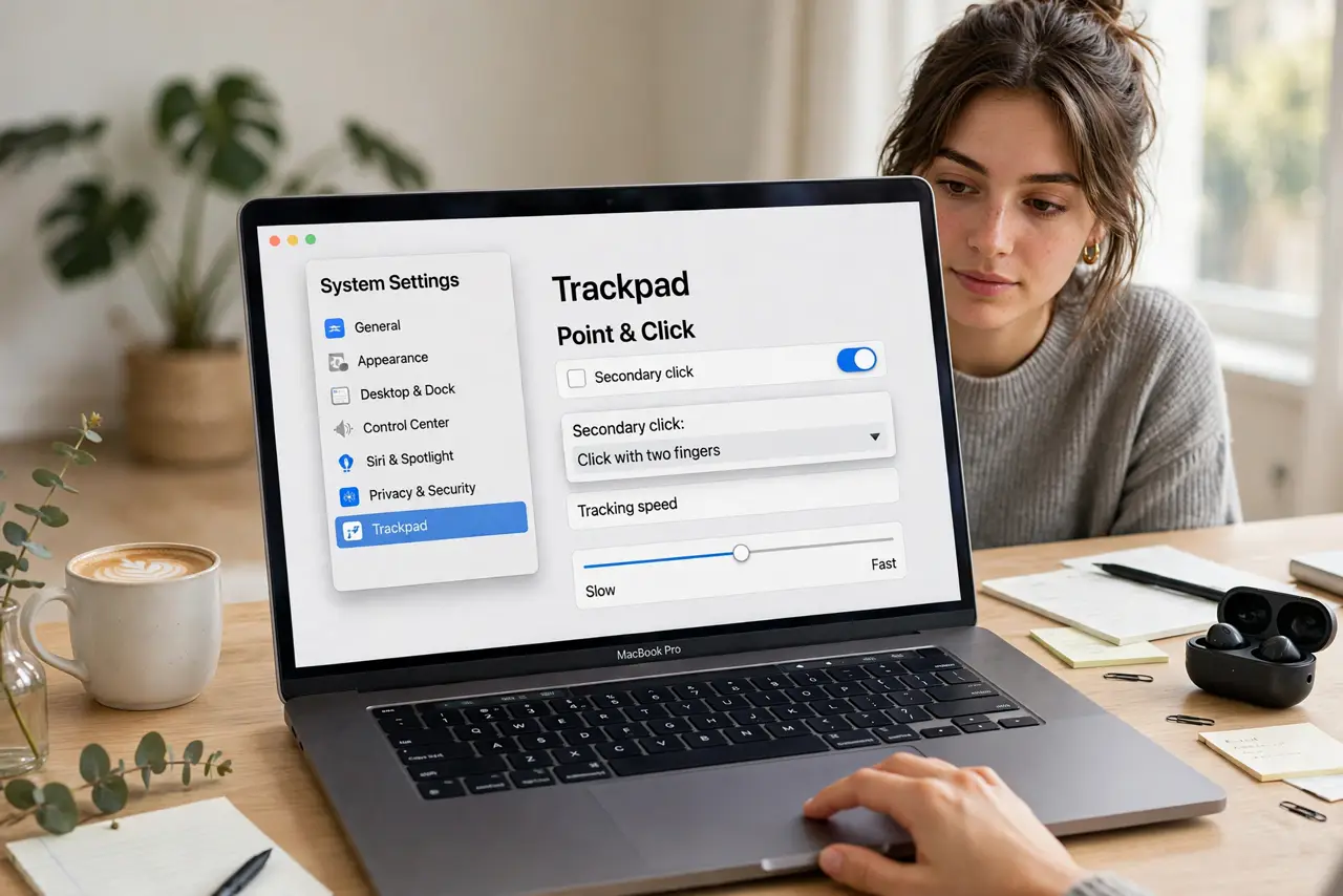 A person performing the first step: Open Trackpad or Mouse settings. System Settings > Trackpad for the built-in.