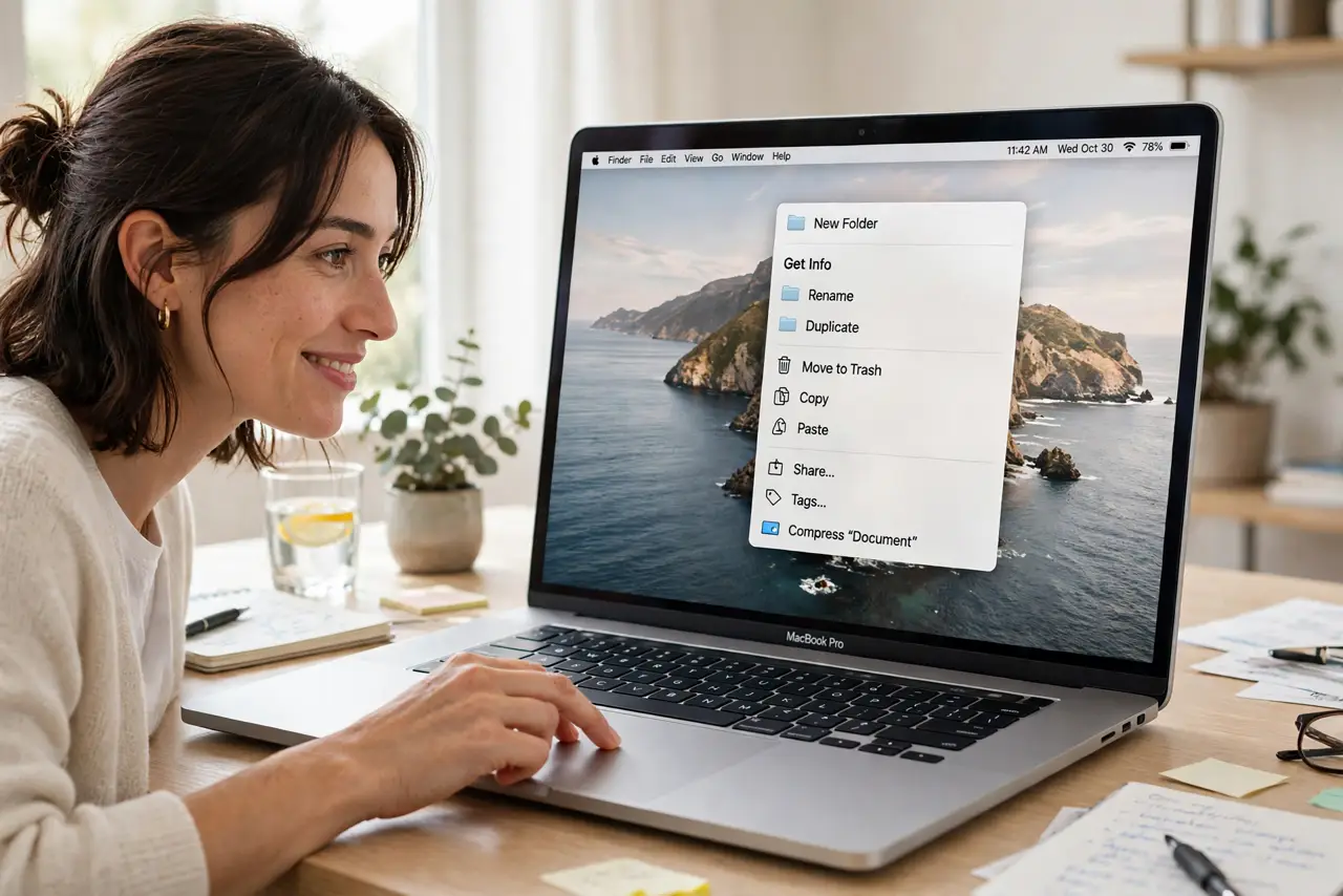 A person right-clicking on a real Mac trackpad with two fingers, the context menu visible with legible text on the Mac