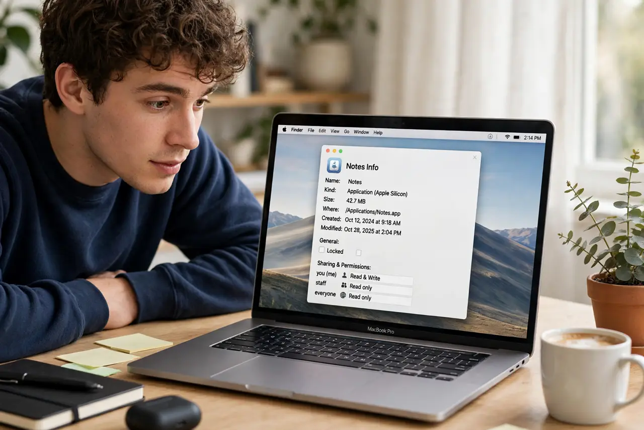 a person at a real Mac showing an app's Get Info window with legible 'Kind' text indicating Intel or Apple Silicon, the person's face curious, bright desk. No black screen, no blan.