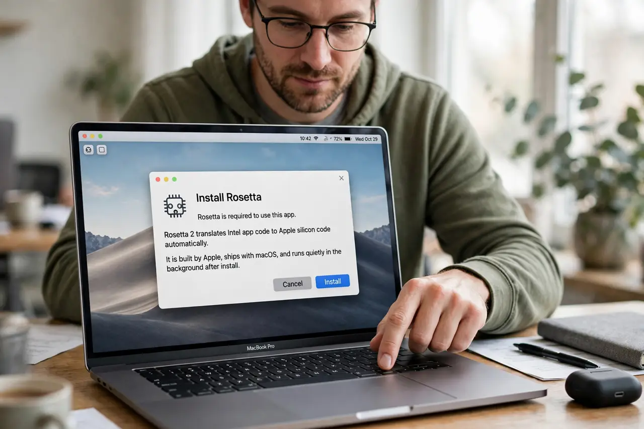 A person performing step 1 of the guide: Understand what Rosetta is. Rosetta 2 translates Intel app code to Apple silicon code automatically. It is built by Apple, ships with mac...