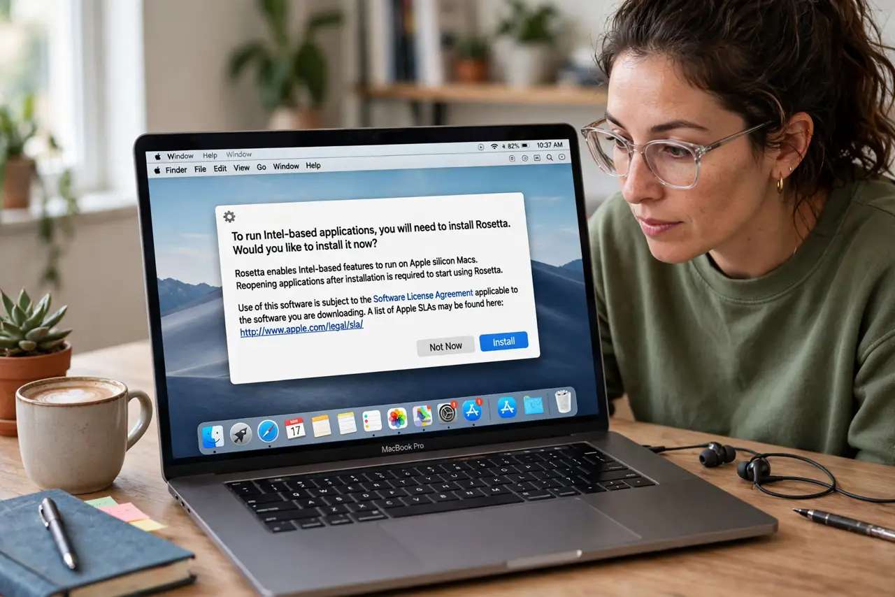 a curious adult looking at a real Mac showing the Rosetta installation prompt with fully legible text, the person reading the dialog.