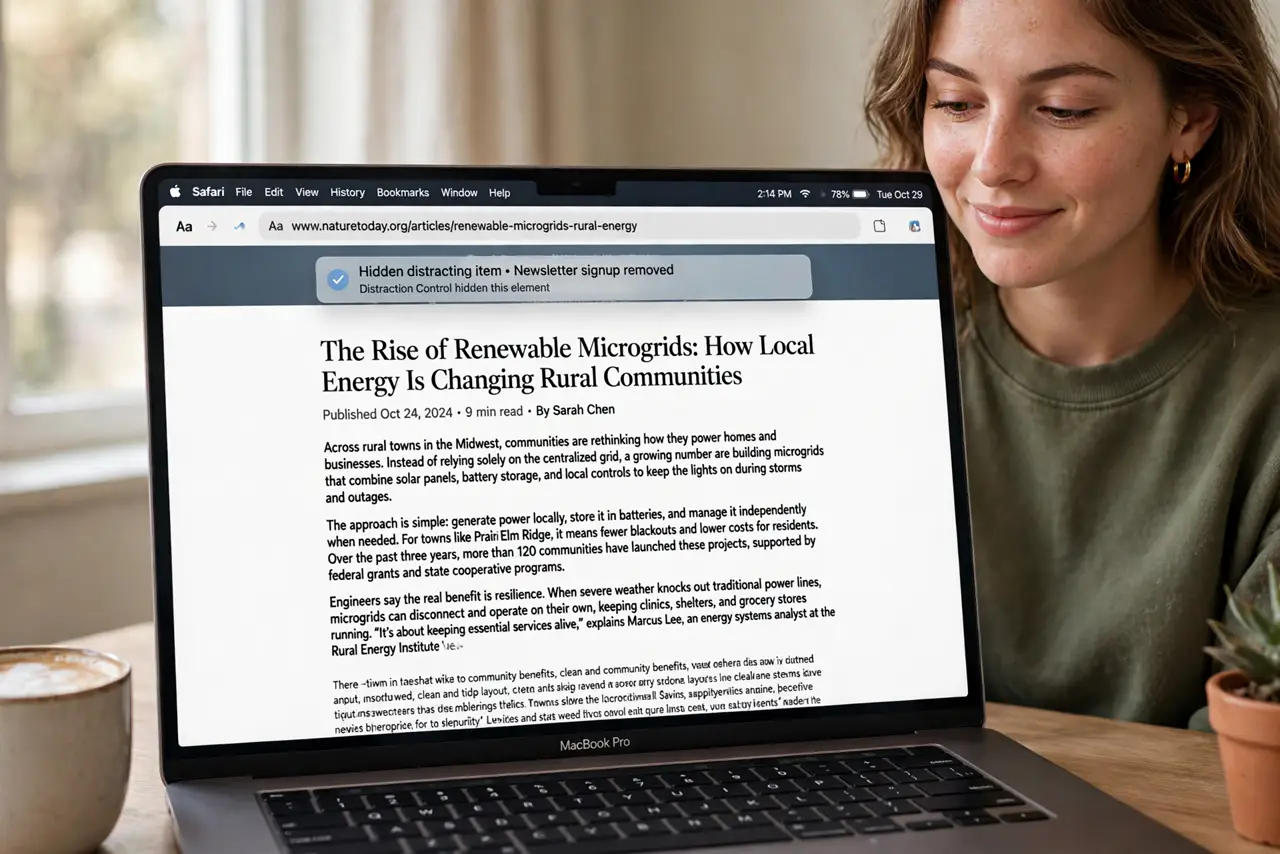 a person reading a real long article in Safari on a Mac, a popup banner fading away as Distraction Control hides it, the article text legible and clean, the ...