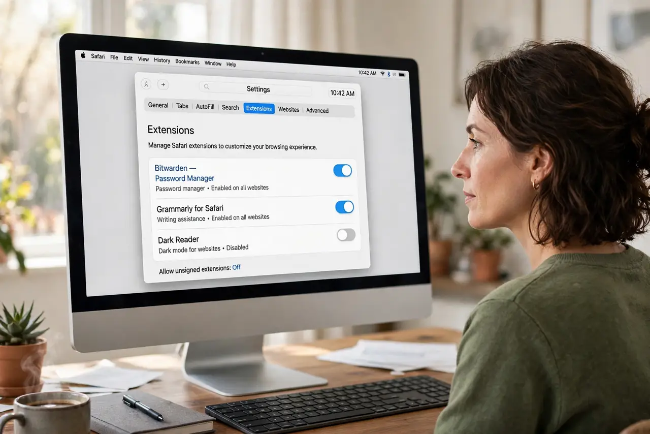 Step 1 in action for Safari Extensions Disappeared: Look in Safari's Extensions settings.