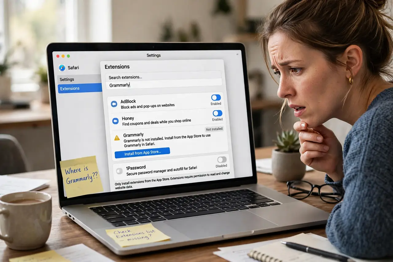Safari Extensions Disappeared — a puzzled adult looking at a MacBook with Safari settings open showing the extensions pane with fully legible