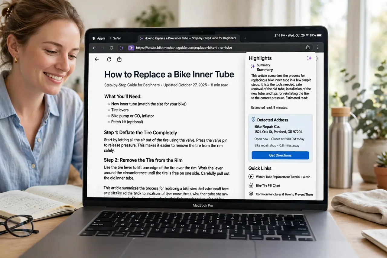 a person reading a real long article in Safari on a Mac, the Highlights panel open showing a detected address and summary in a clean card, the person's face ...