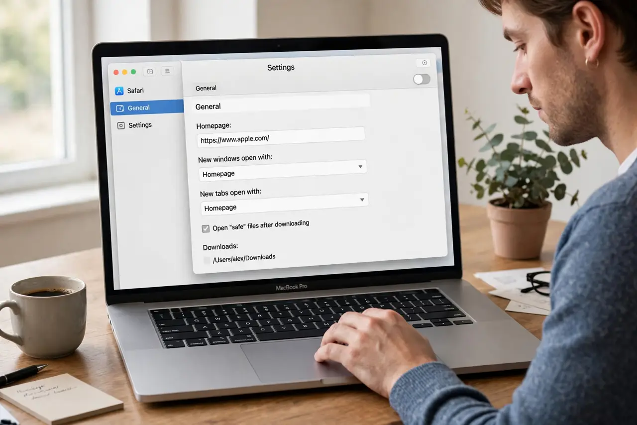 a calm adult at a desk with a real Mac laptop open, Safari settings visible on the real screen with the home page field complete and legible, the person adjusting settings calmly.