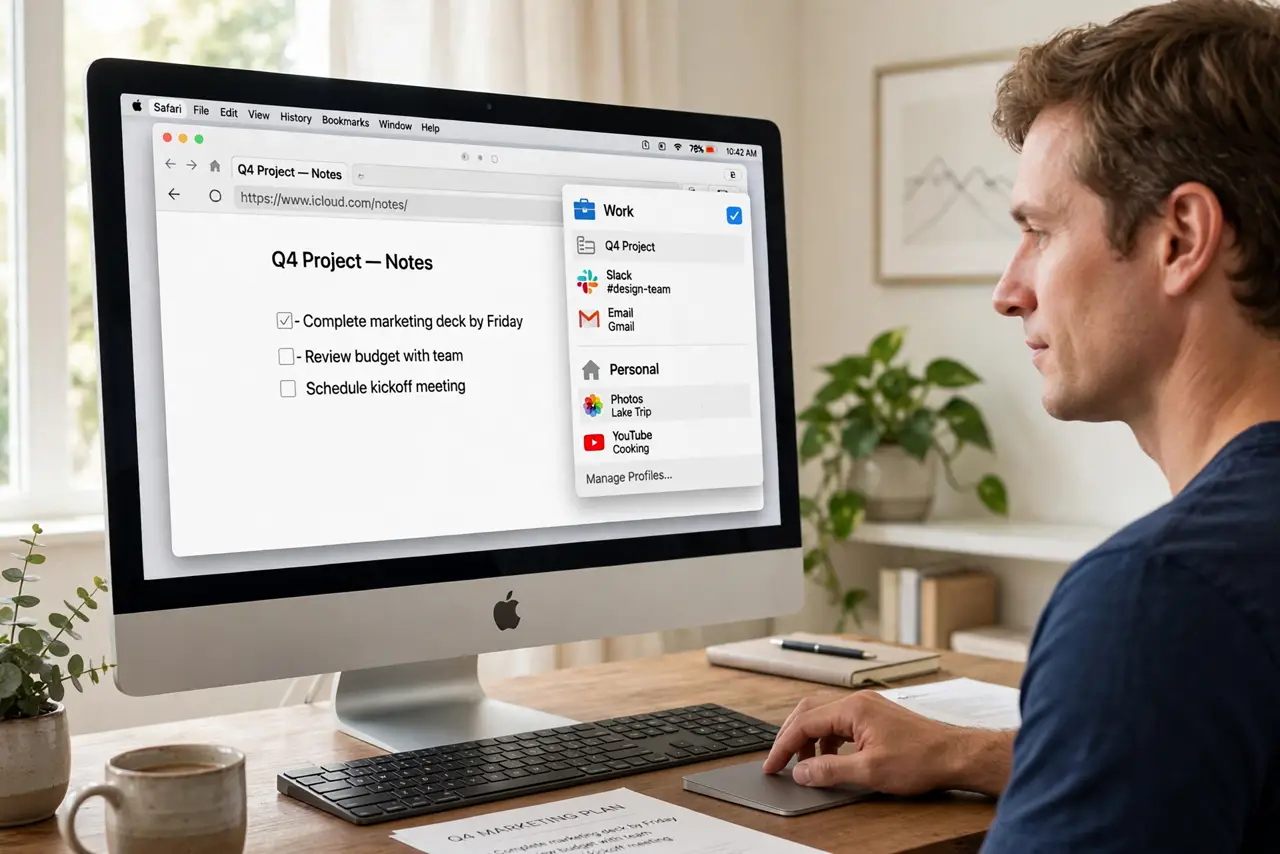 a person clicking the profile switcher in real Safari showing two legible profiles, work tabs on one side and personal on the other, the person's face organized and calm, home office.