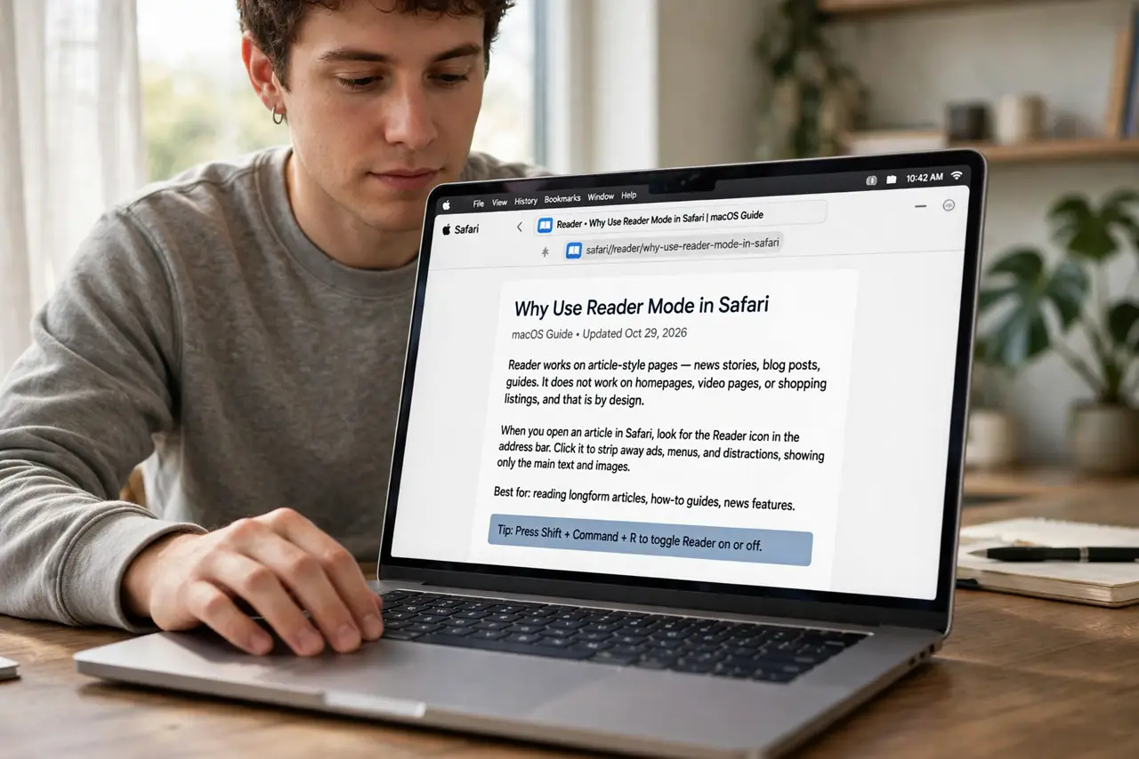 A person performing the first step of the guide: Open an article page in Safari. Reader works on article-style pages — news stories, blog posts, guides. It.