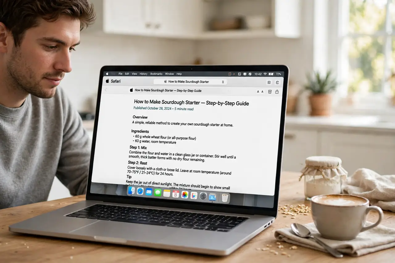 A person reading a clean article on a MacBook screen showing Safari in reader mode, coffee cup beside the laptop, bright kitchen table. No black.