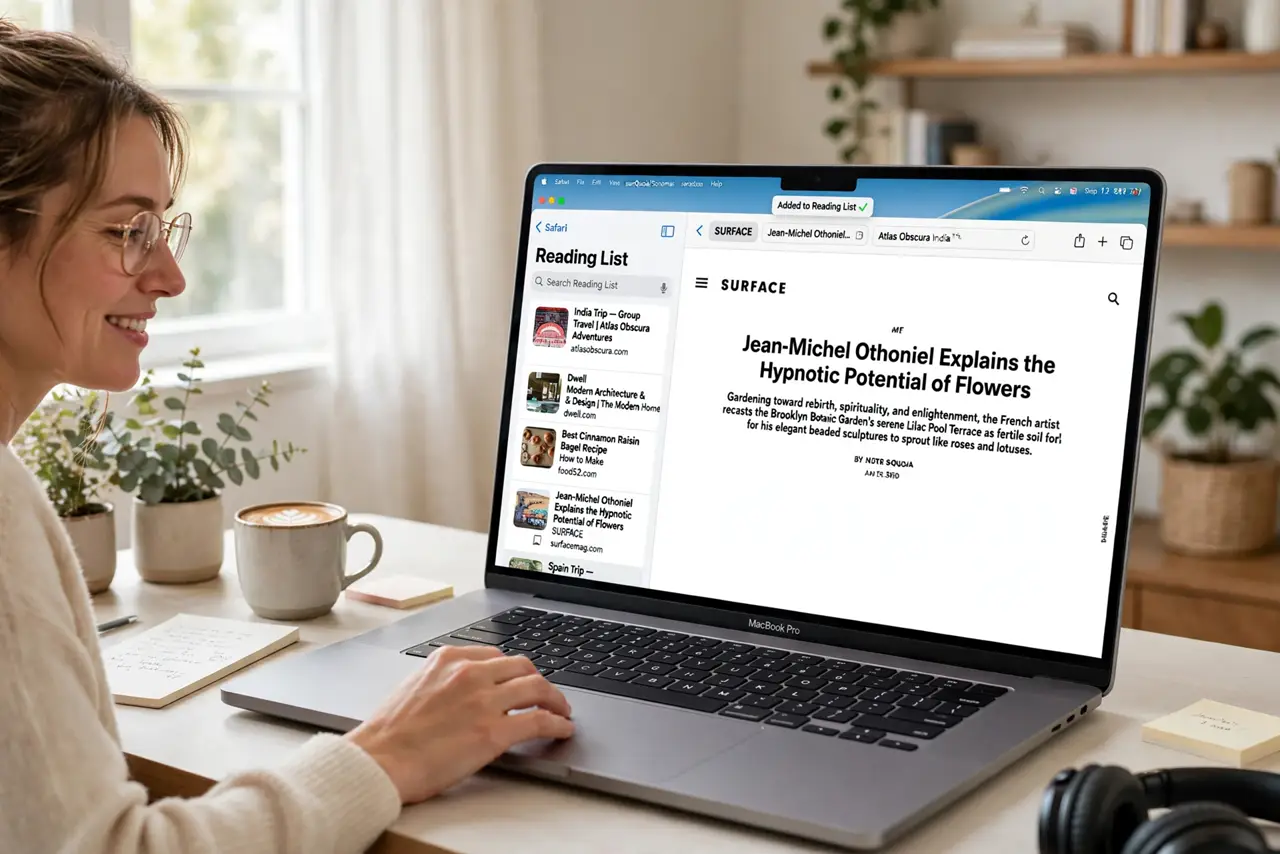 a person saving an article to the real Safari Reading List sidebar showing legible saved articles, tabs now tidy, the person's face relieved, bright home office.