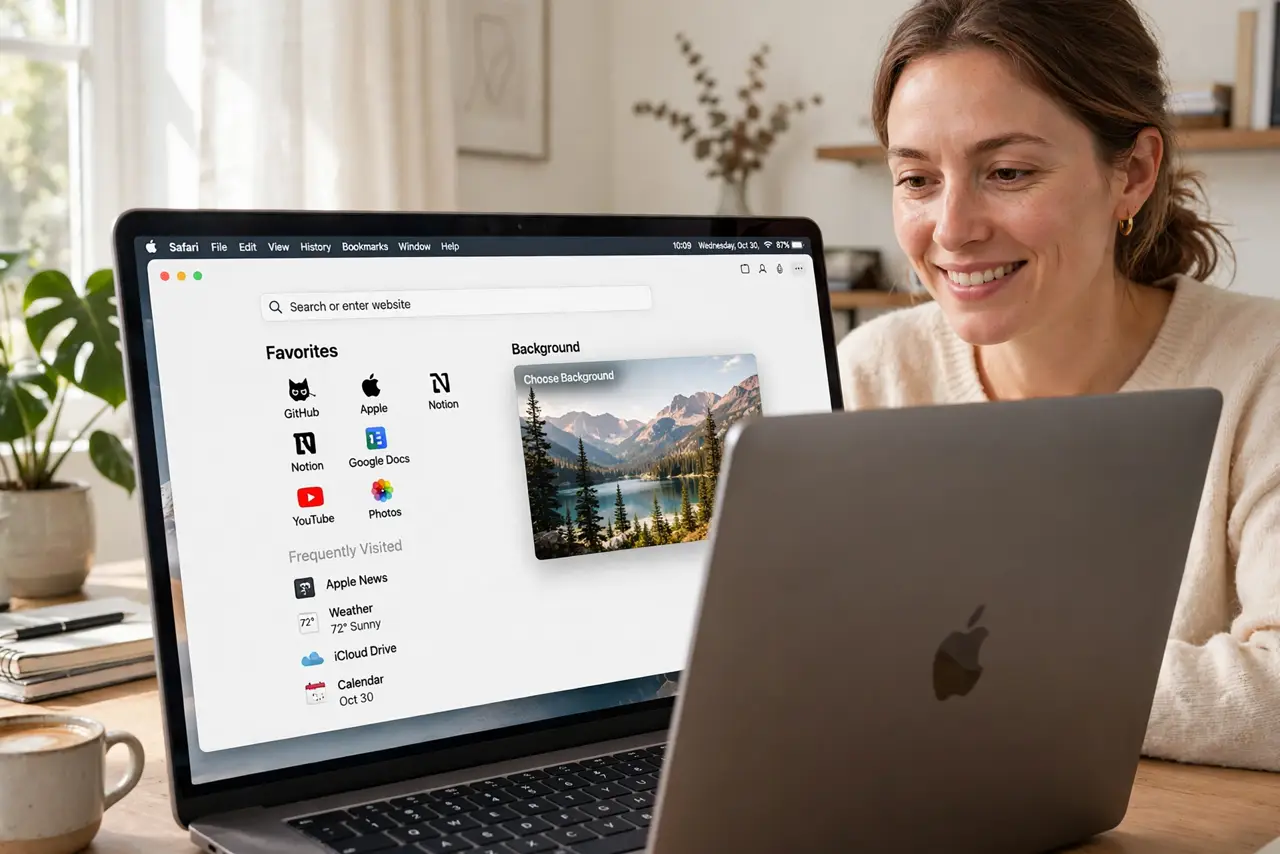 a person using a real MacBook showing a customized Safari start page with favorites icons and a background photo legibly visible, the person's face pleased, ...