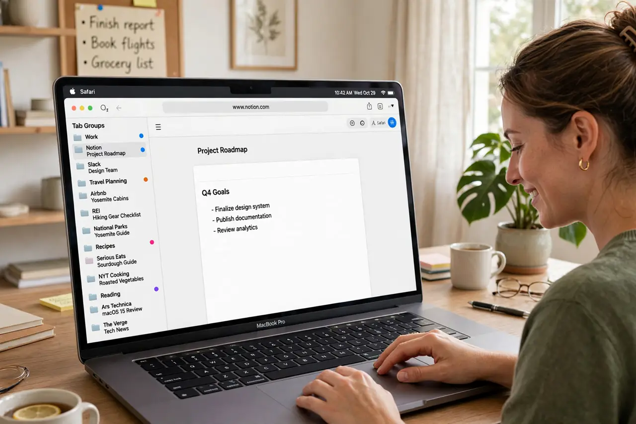 a person organizing real Safari tab groups with legible group names in the sidebar, many tabs tidied, the person's face satisfied, bright home office.