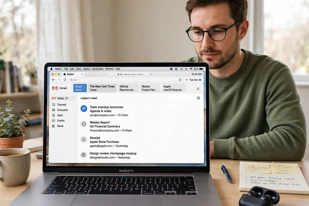 a focused adult at a desk with a real Mac laptop open, Safari visible on the real screen with several tabs complete and legible, the person browsing calmly.