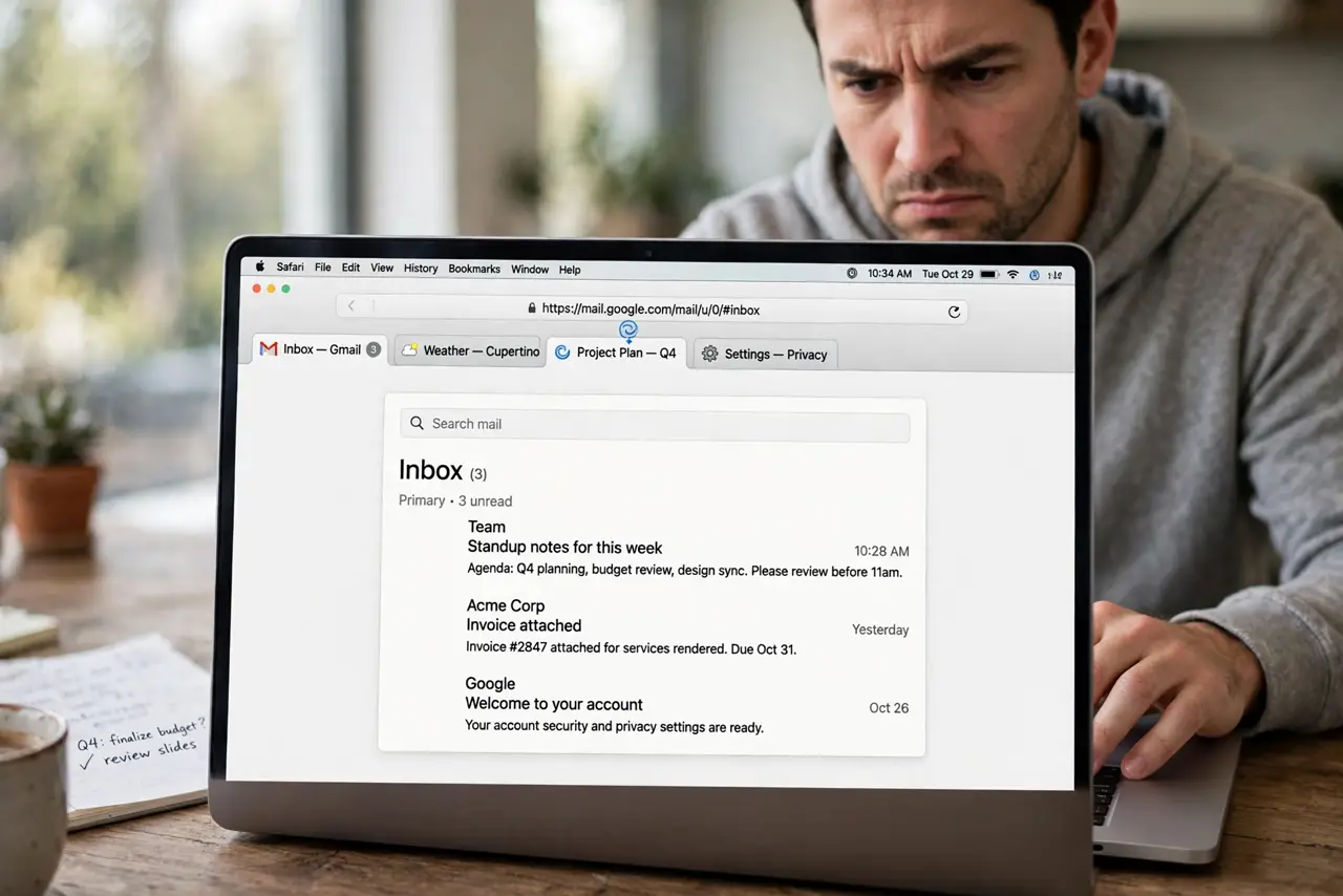 Safari Tabs Keep Reloading — a mildly annoyed adult using a MacBook with Safari open showing several tabs with fully legible page text, the