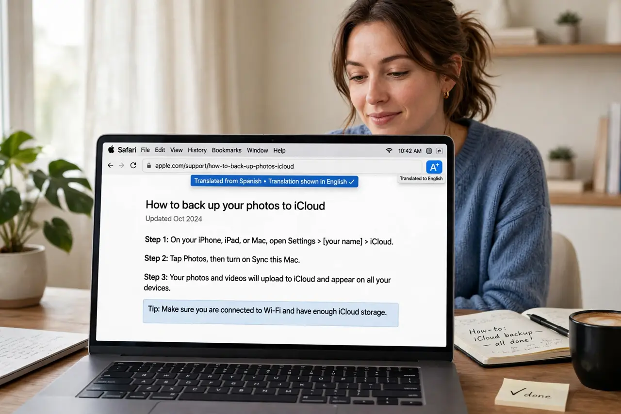 a person using a real MacBook showing a Safari webpage translated to English with the translate icon legibly visible in the address bar, the person's face re...